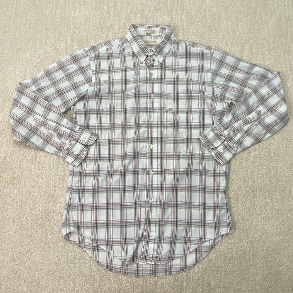 Chaps Ralph Lauren Mens Button Down White Brown Plaid Shirt Size 15.5-32/33